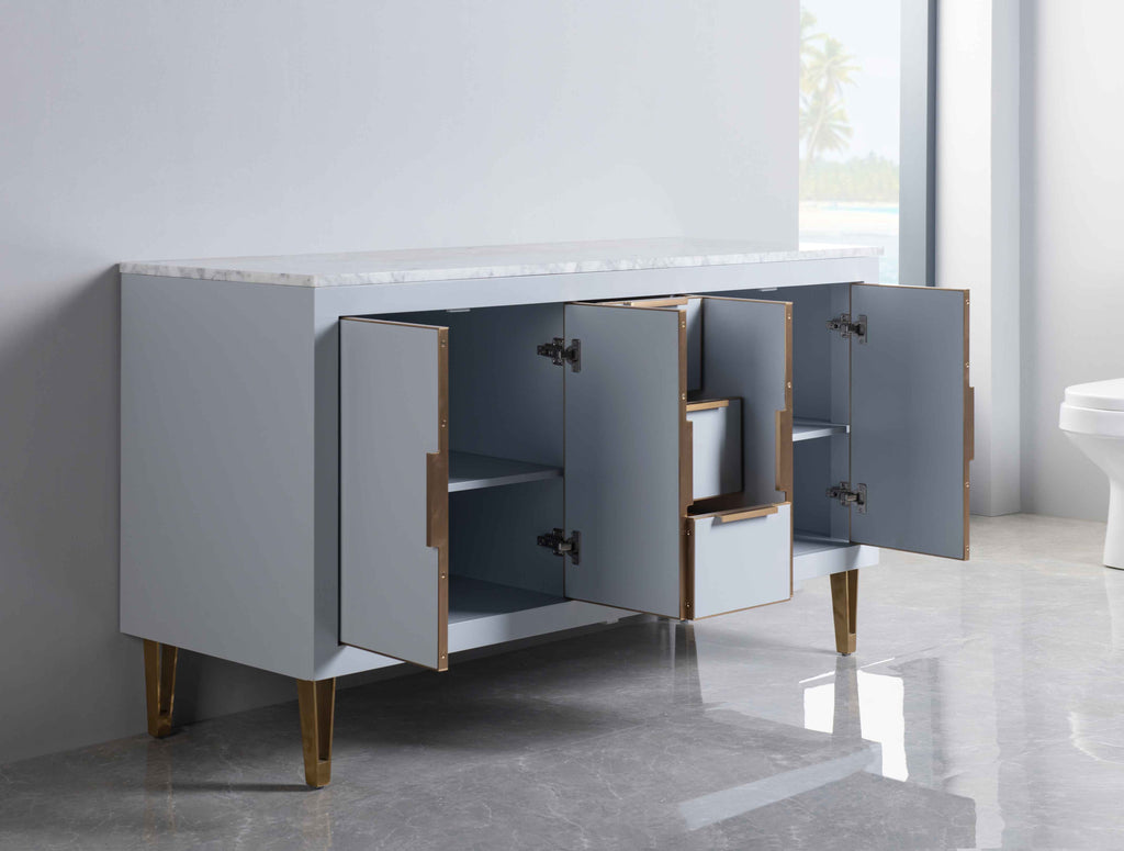 Rubeza 1500mm Dukes Sideboard with Carrara Marble Top - Light Grey & Gold