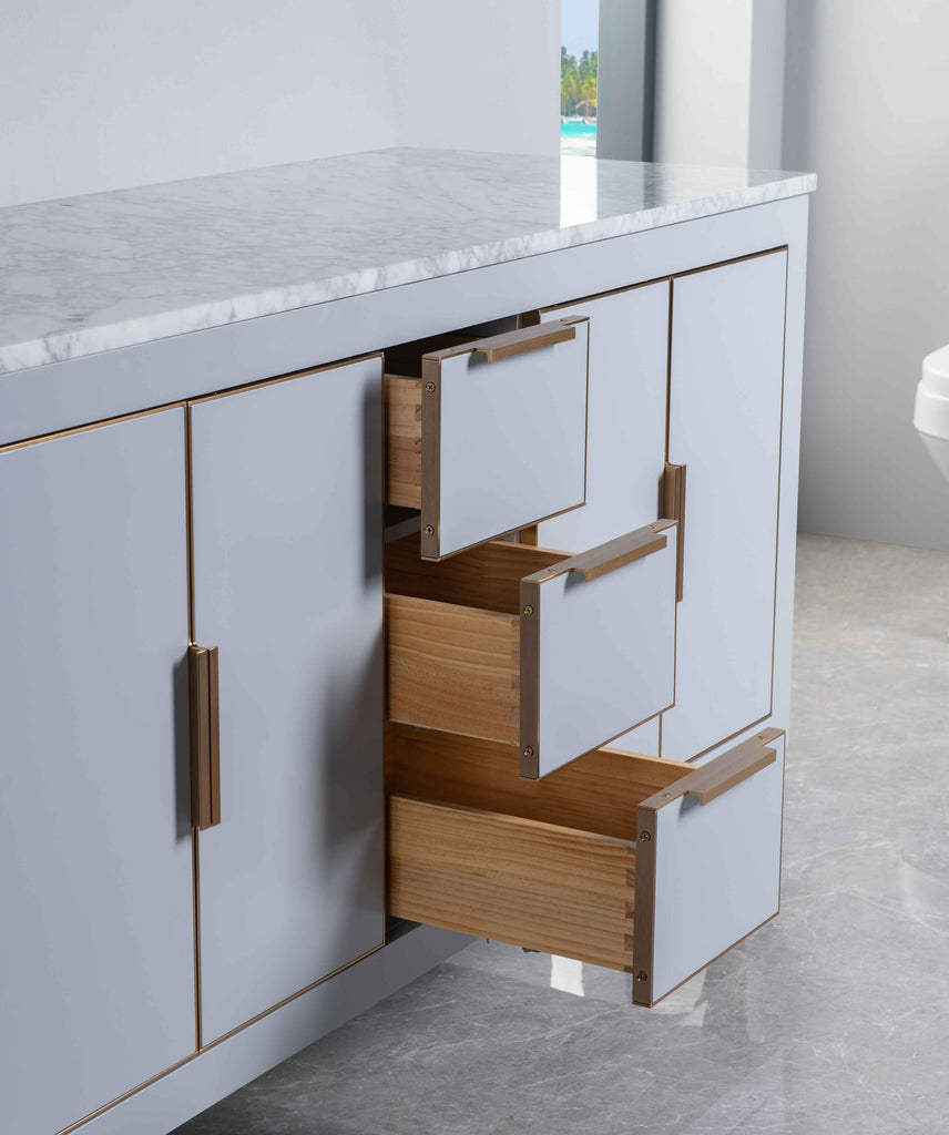 Rubeza 1500mm Dukes Kitchen Island & Breakfast Bar with Carrara Marble Top - Light Grey & Gold