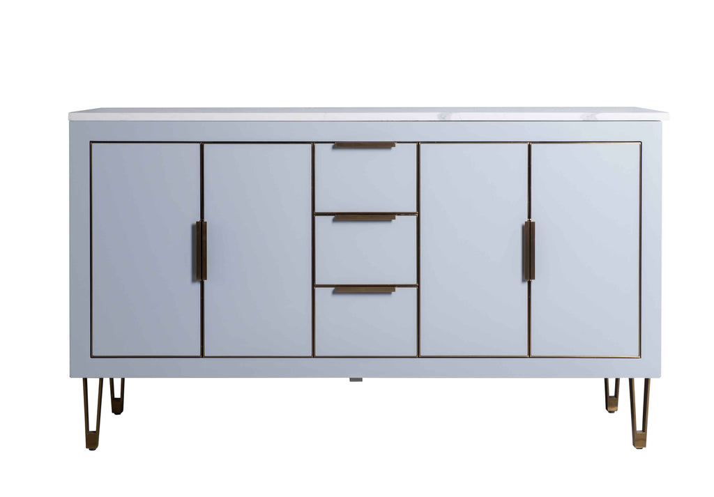 Rubeza 1500mm Dukes  Kitchen Island & Breakfast Bar with Calacatta Quartz Top - Light Grey & Gold