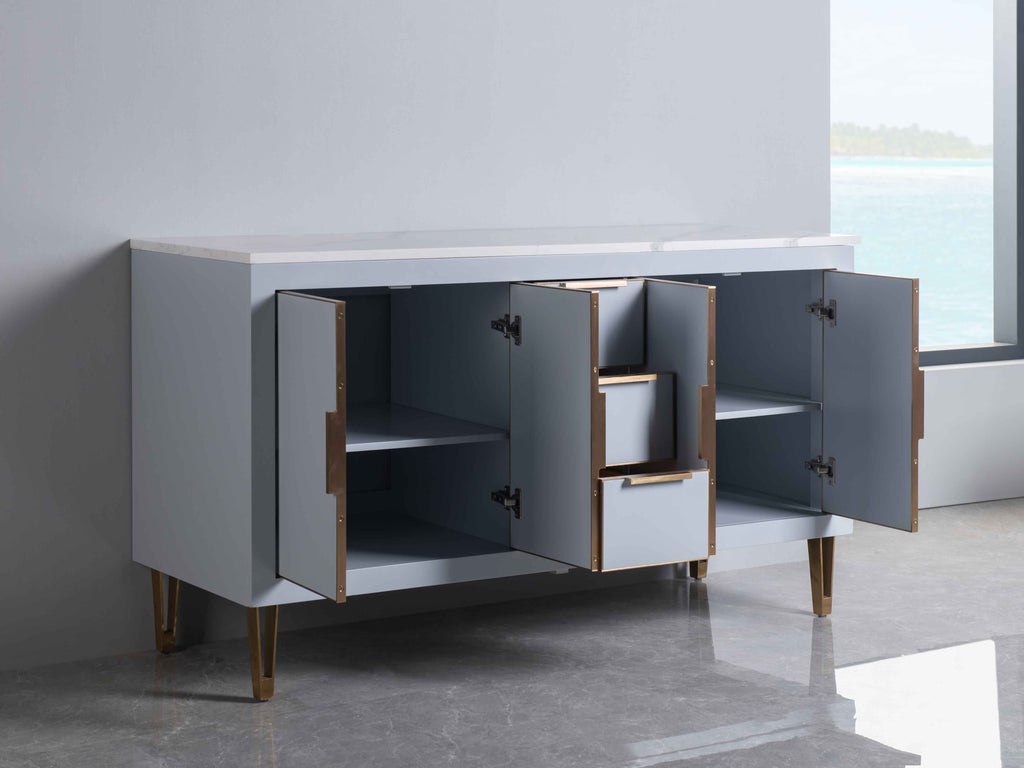 Rubeza 1500mm Dukes  Kitchen Island & Breakfast Bar with Calacatta Quartz Top - Light Grey & Gold