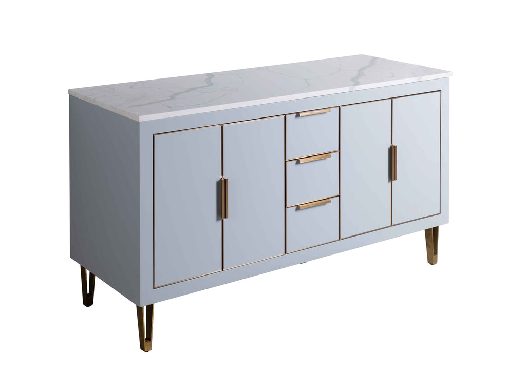 Rubeza 1500mm Dukes  Kitchen Island & Breakfast Bar with Calacatta Quartz Top - Light Grey & Gold