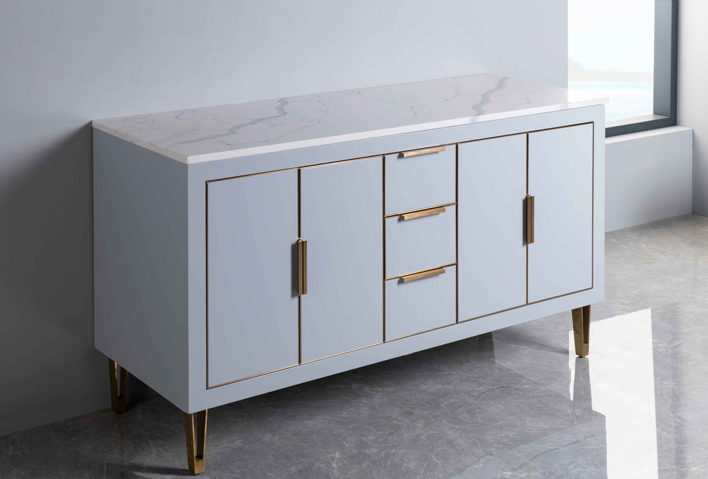 Rubeza 1500mm Dukes  Kitchen Island & Breakfast Bar with Calacatta Quartz Top - Light Grey & Gold