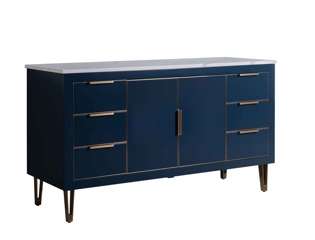 Rubeza 1500mm Dukes -X- Kitchen Island & Breakfast Bar with Calacatta Quartz Top - Dark Blue & Gold