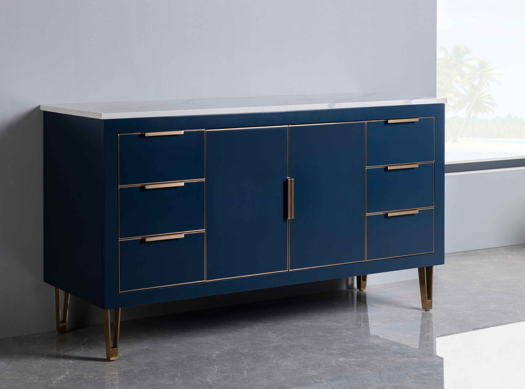 Rubeza 1500mm Dukes -X- Kitchen Island & Breakfast Bar with Calacatta Quartz Top - Dark Blue & Gold