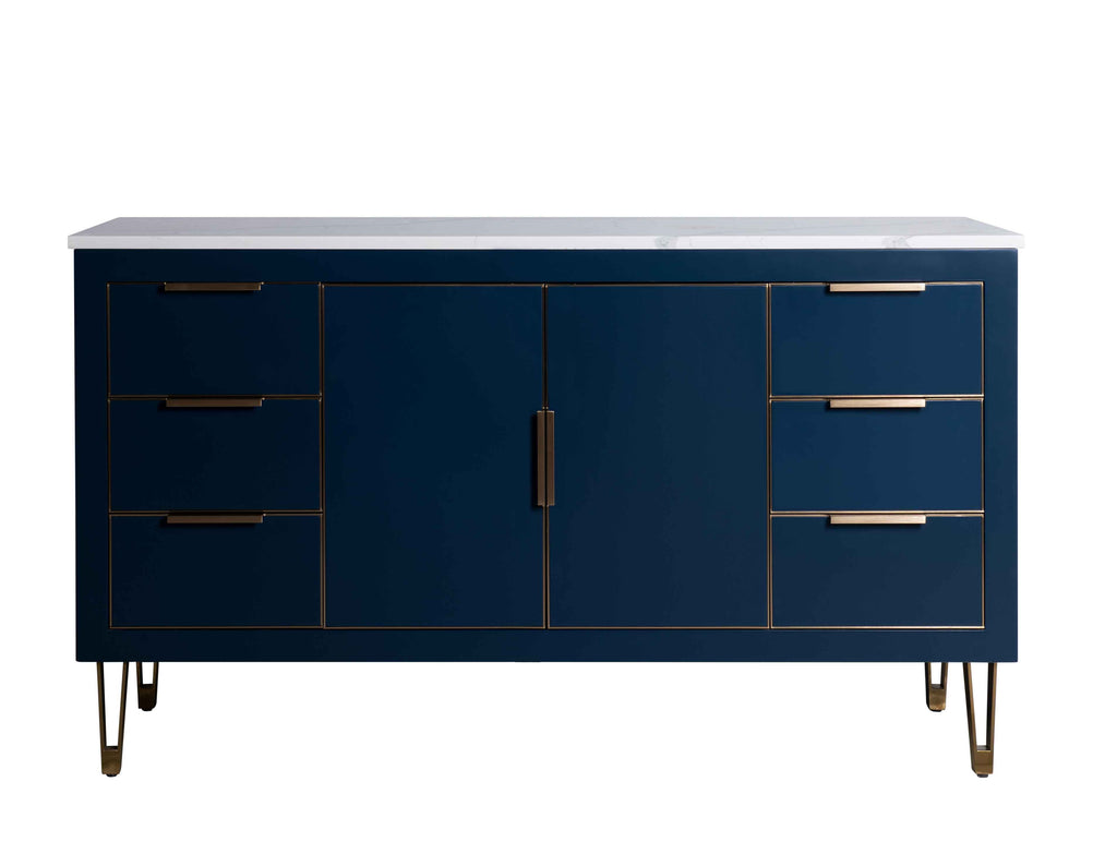 Rubeza 1500mm Dukes -X- Kitchen Island & Breakfast Bar with Calacatta Quartz Top - Dark Blue & Gold