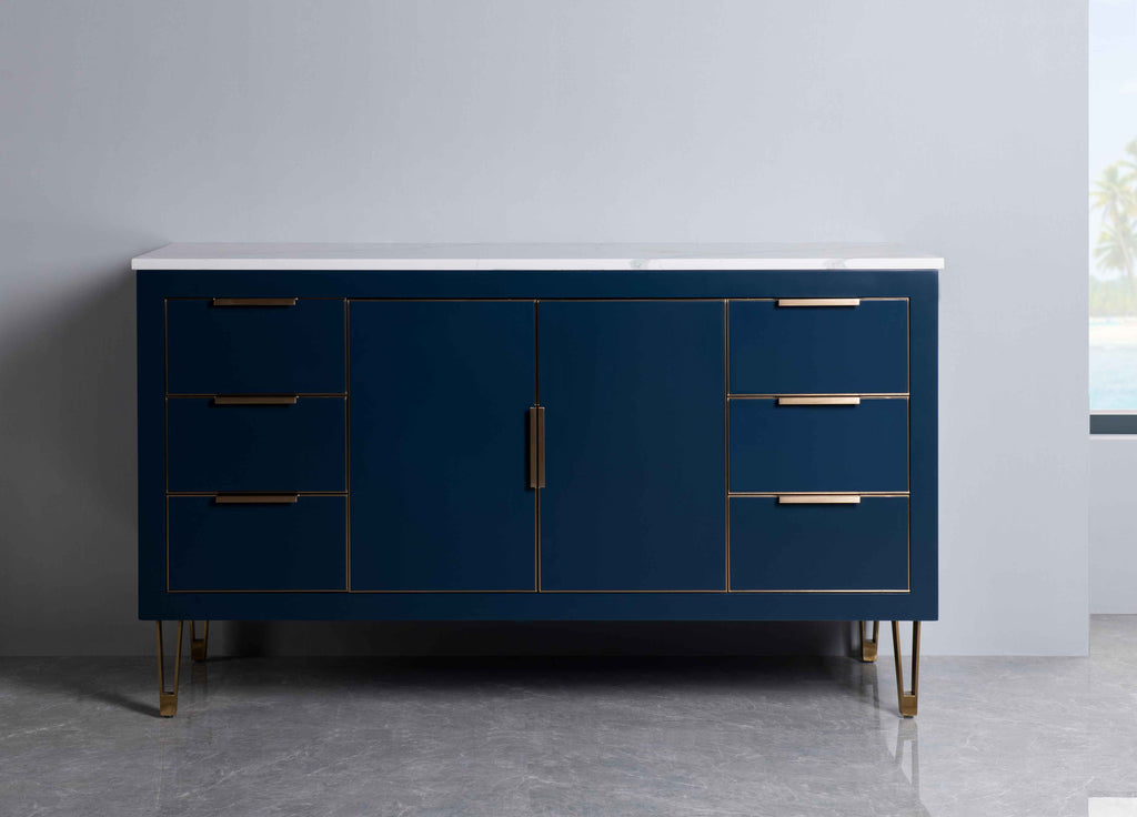 Rubeza 1500mm Dukes -X- Kitchen Island & Breakfast Bar with Calacatta Quartz Top - Dark Blue & Gold