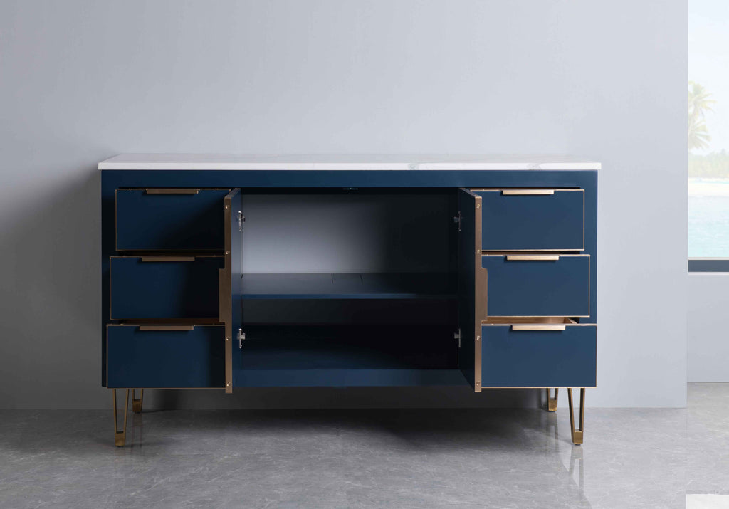 Rubeza 1500mm Dukes -X- Kitchen Island & Breakfast Bar with Calacatta Quartz Top - Dark Blue & Gold