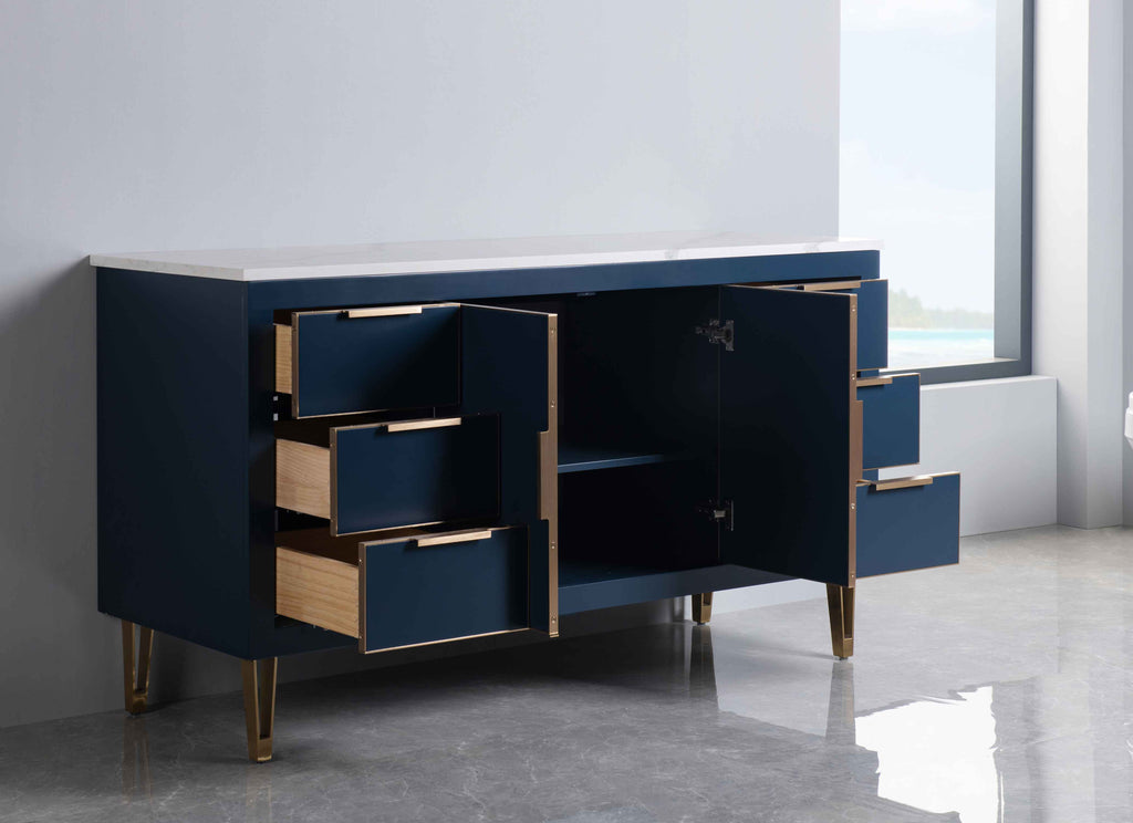 Rubeza 1500mm Dukes -X- Kitchen Island & Breakfast Bar with Calacatta Quartz Top - Dark Blue & Gold