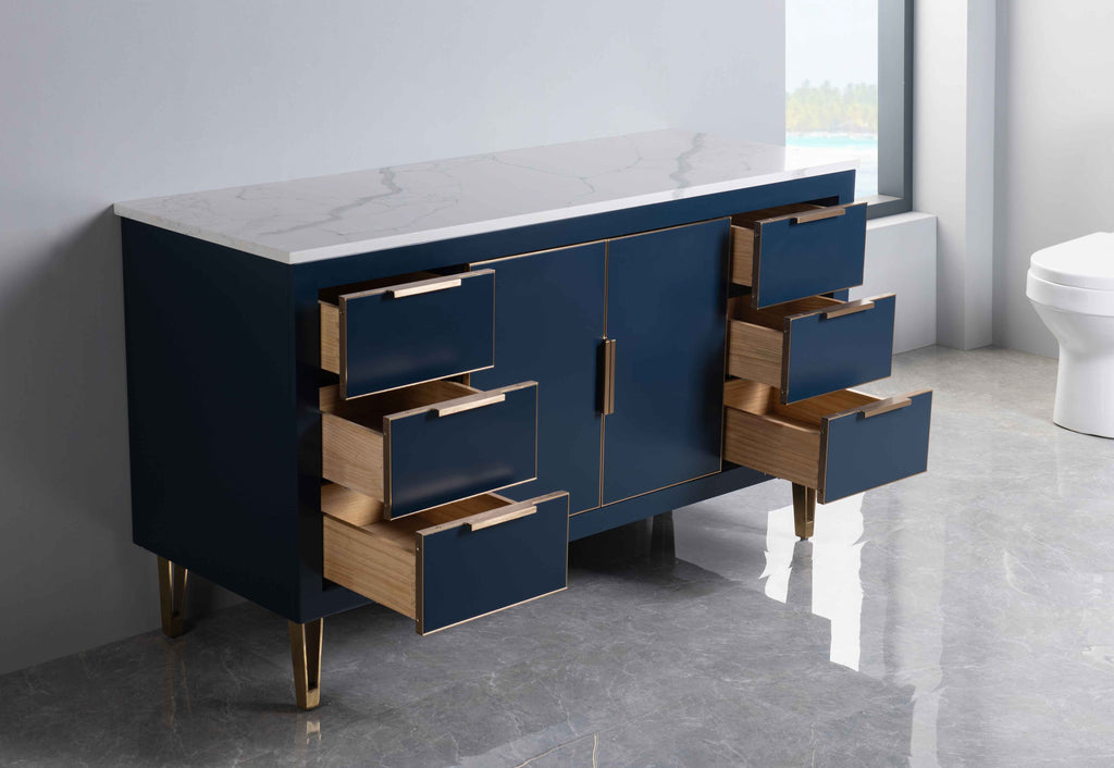 Rubeza 1500mm Dukes -X- Kitchen Island & Breakfast Bar with Calacatta Quartz Top - Dark Blue & Gold