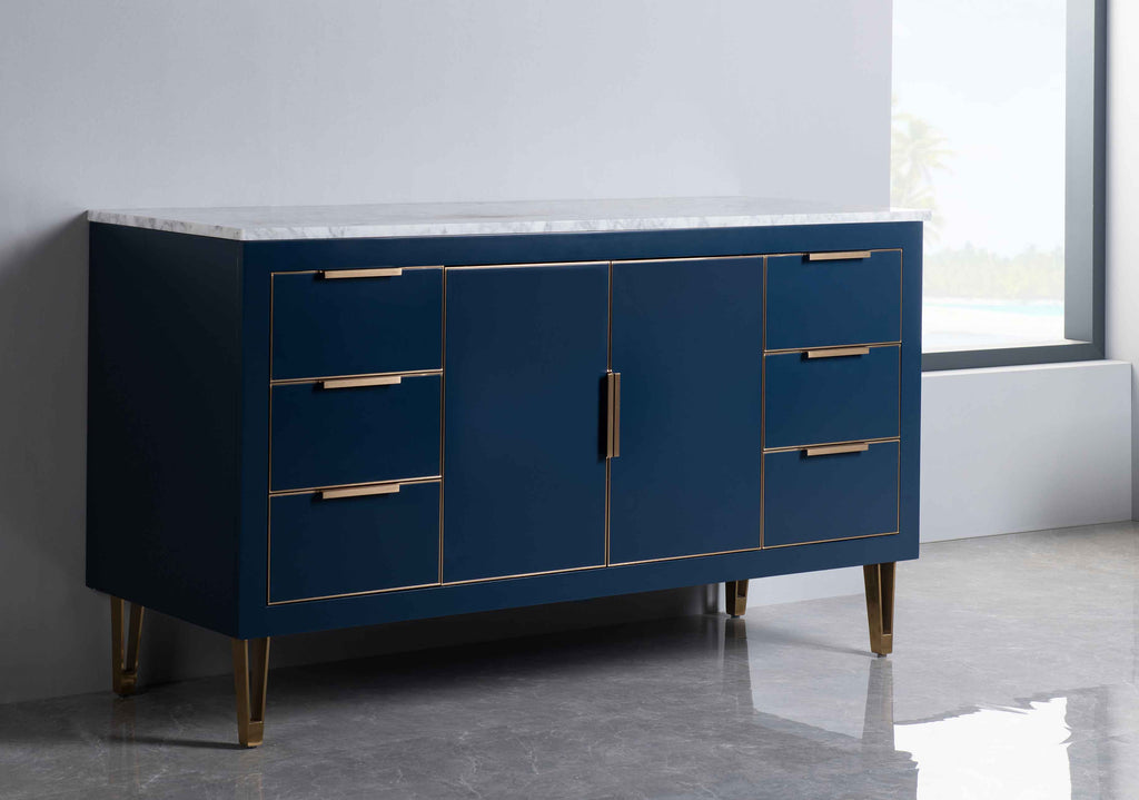 Rubeza 1500mm Dukes -X- Kitchen Island & Breakfast Bar with Carrara Marble Top - Dark Blue & Gold