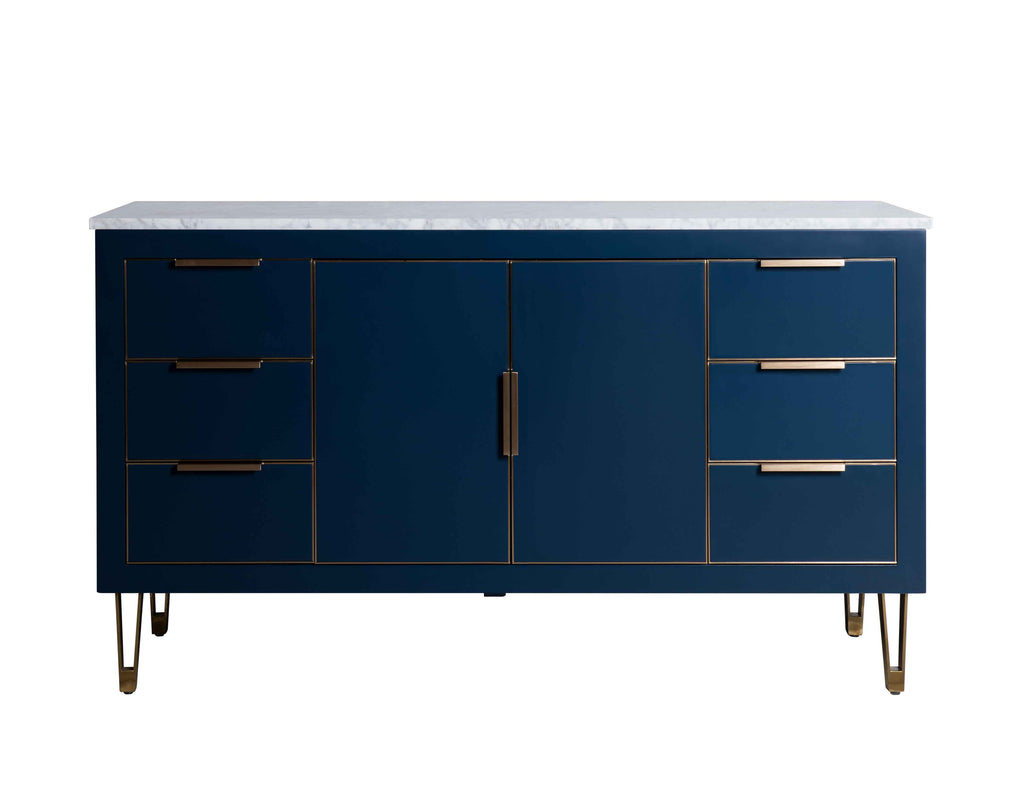 Rubeza 1500mm Dukes -X- Kitchen Island & Breakfast Bar with Carrara Marble Top - Dark Blue & Gold