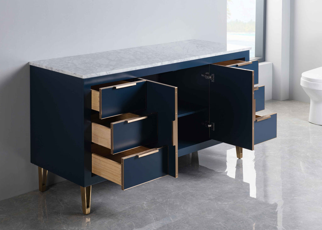 Rubeza 1500mm Dukes -X- Kitchen Island & Breakfast Bar with Carrara Marble Top - Dark Blue & Gold