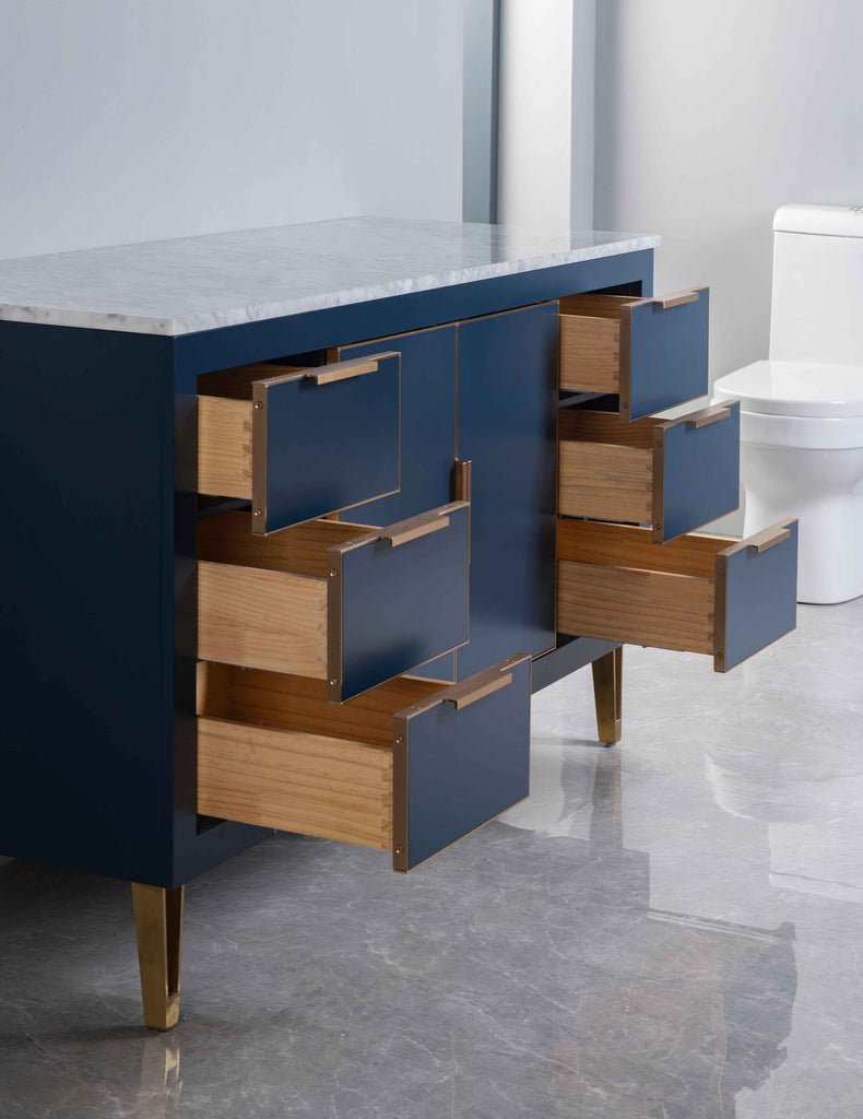 Rubeza 1500mm Dukes -X- Kitchen Island & Breakfast Bar with Carrara Marble Top - Dark Blue & Gold