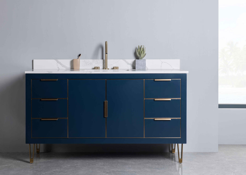 Rubeza 1500mm Dukes -X- Vanity Unit with Calacatta Quartz Top - Dark Blue & Gold