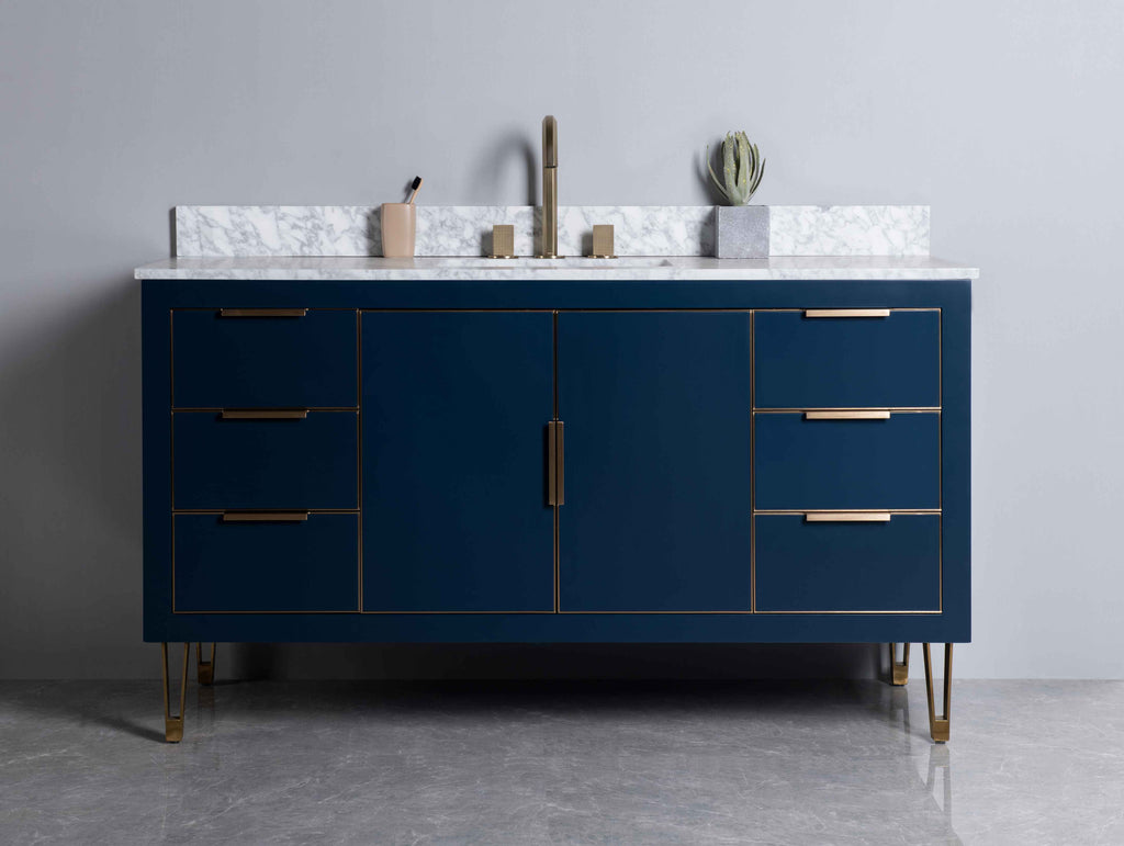 Rubeza 1500mm Dukes -X- Vanity Unit with Carrara Marble Top - Dark Blue & Gold