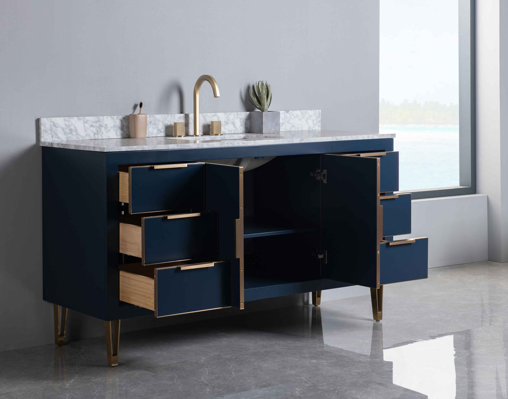 Rubeza 1500mm Dukes -X- Vanity Unit with Carrara Marble Top - Dark Blue & Gold