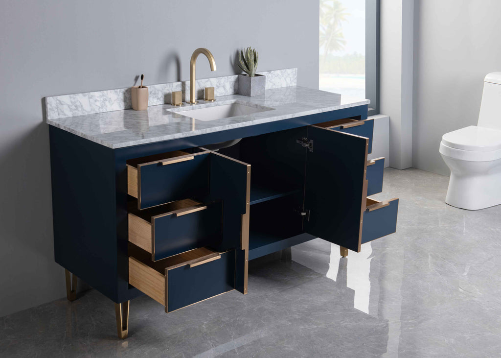 Rubeza 1500mm Dukes -X- Vanity Unit with Carrara Marble Top - Dark Blue & Gold