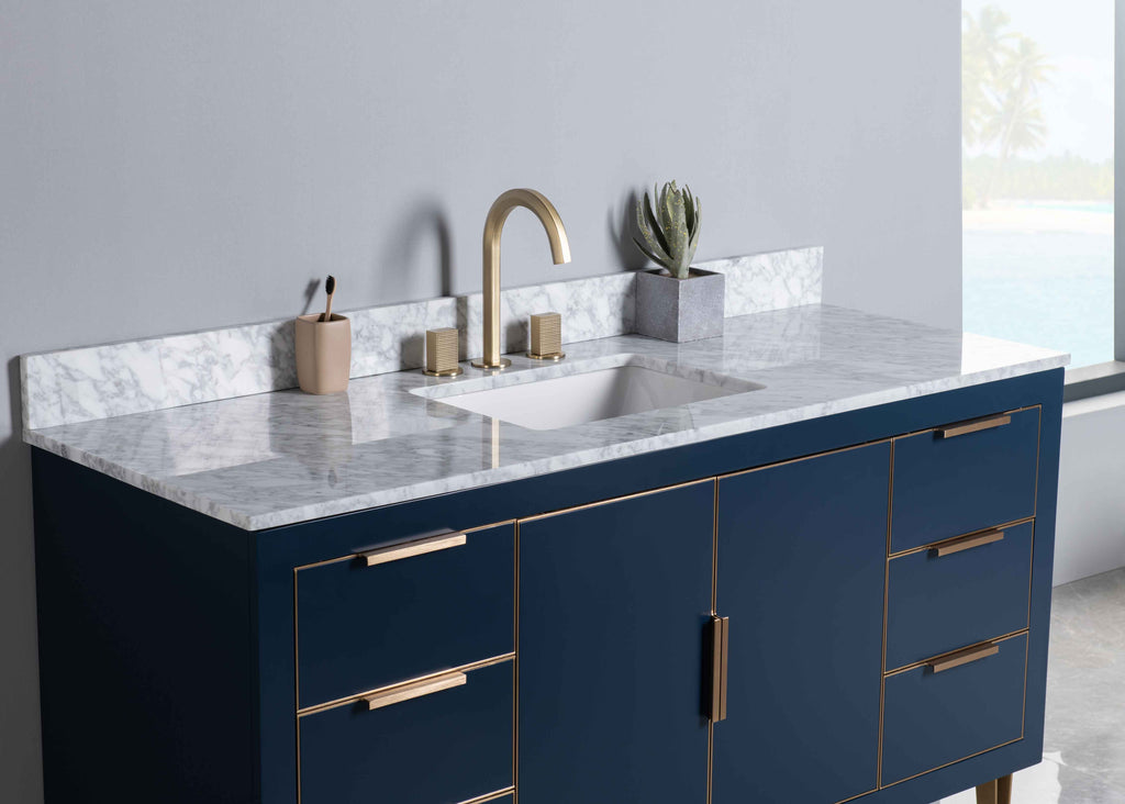 Rubeza 1500mm Dukes -X- Vanity Unit with Carrara Marble Top - Dark Blue & Gold