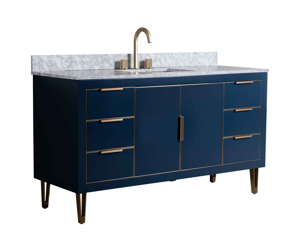 Rubeza 1500mm Dukes -X- Vanity Unit with Carrara Marble Top - Dark Blue & Gold