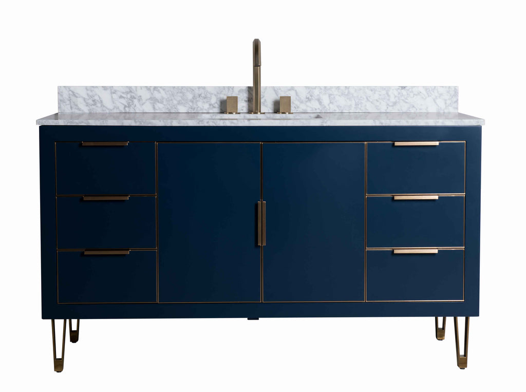 Rubeza 1500mm Dukes -X- Vanity Unit with Carrara Marble Top - Dark Blue & Gold