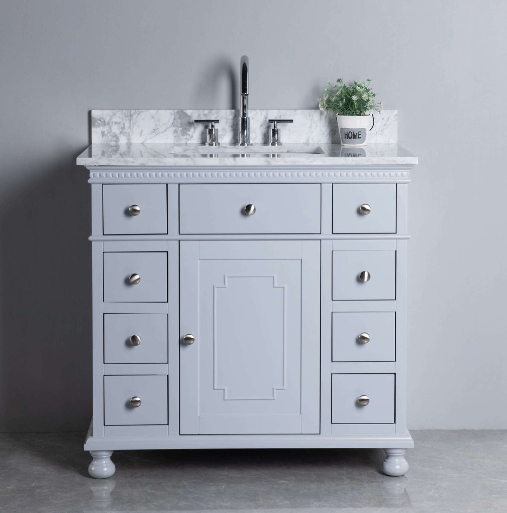 Rubeza 900mm Didim Vanity Unit with Carrara Marble Top -  Light Grey & Chrome