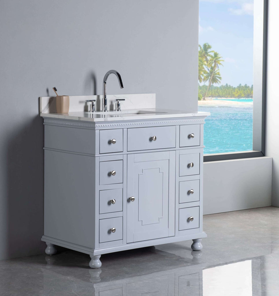 Rubeza 900mm Didim Vanity Unit with Calacatta Quartz  Top -  Light Grey & Chrome