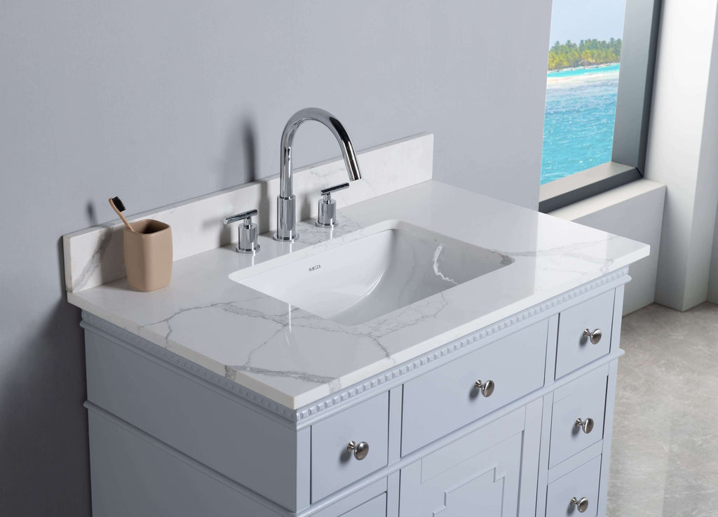 Rubeza 900mm Didim Vanity Unit with Calacatta Quartz  Top -  Light Grey & Chrome