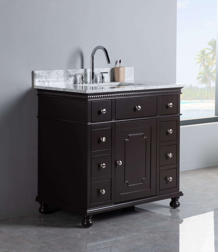 Rubeza 900mm Didim Vanity Unit with Carrara Marble Top -  Dark Brown & Chrome