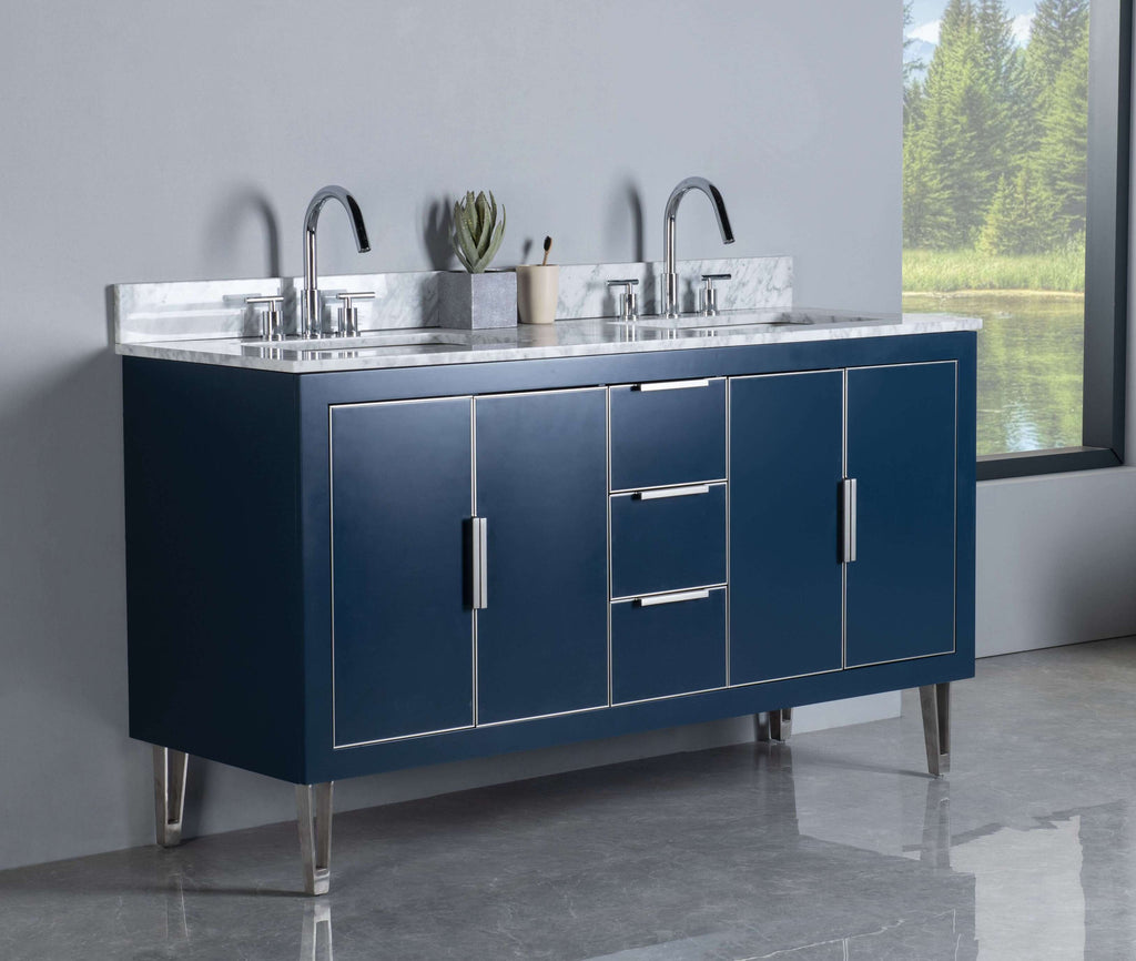 Rubeza 1500mm Dukes Vanity Unit with Carrara Marble Top - Dark Blue & Chrome