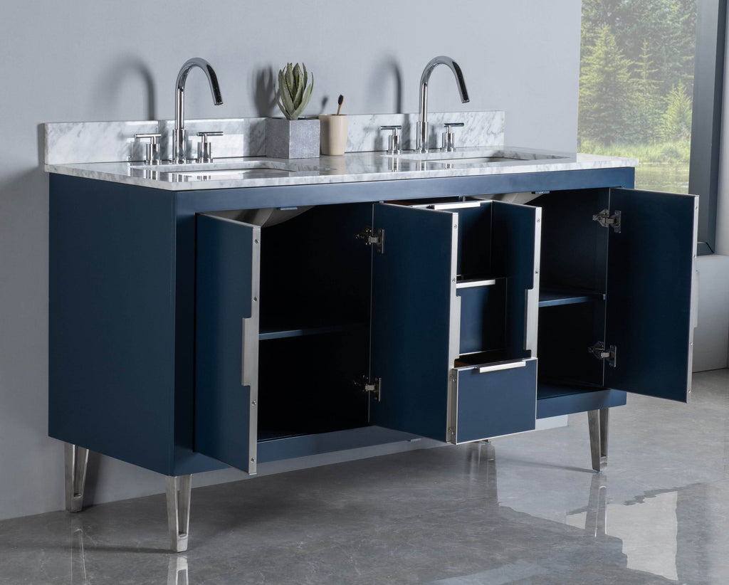 Rubeza 1500mm Dukes Vanity Unit with Carrara Marble Top - Dark Blue & Chrome