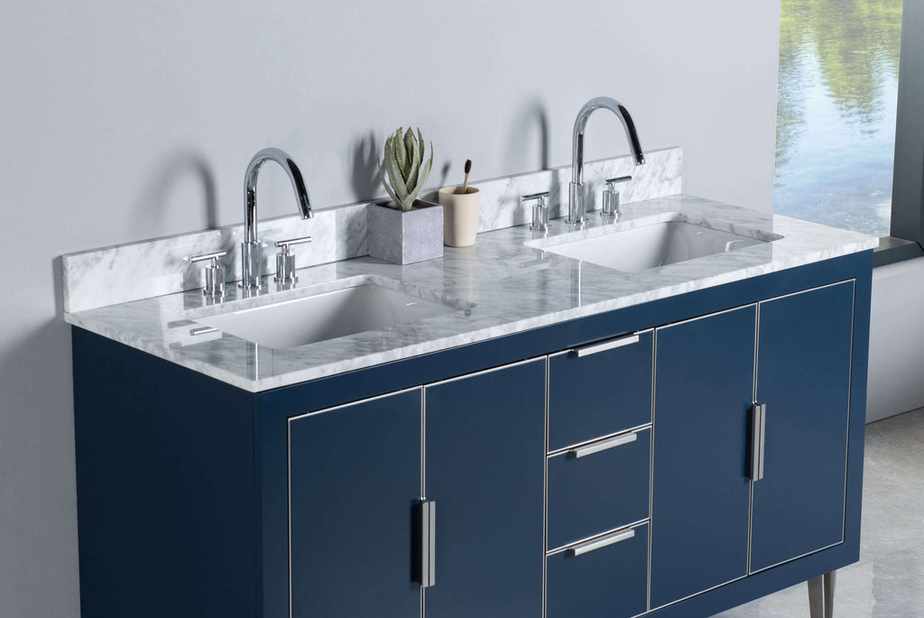 Rubeza 1500mm Dukes Vanity Unit with Carrara Marble Top - Dark Blue & Chrome