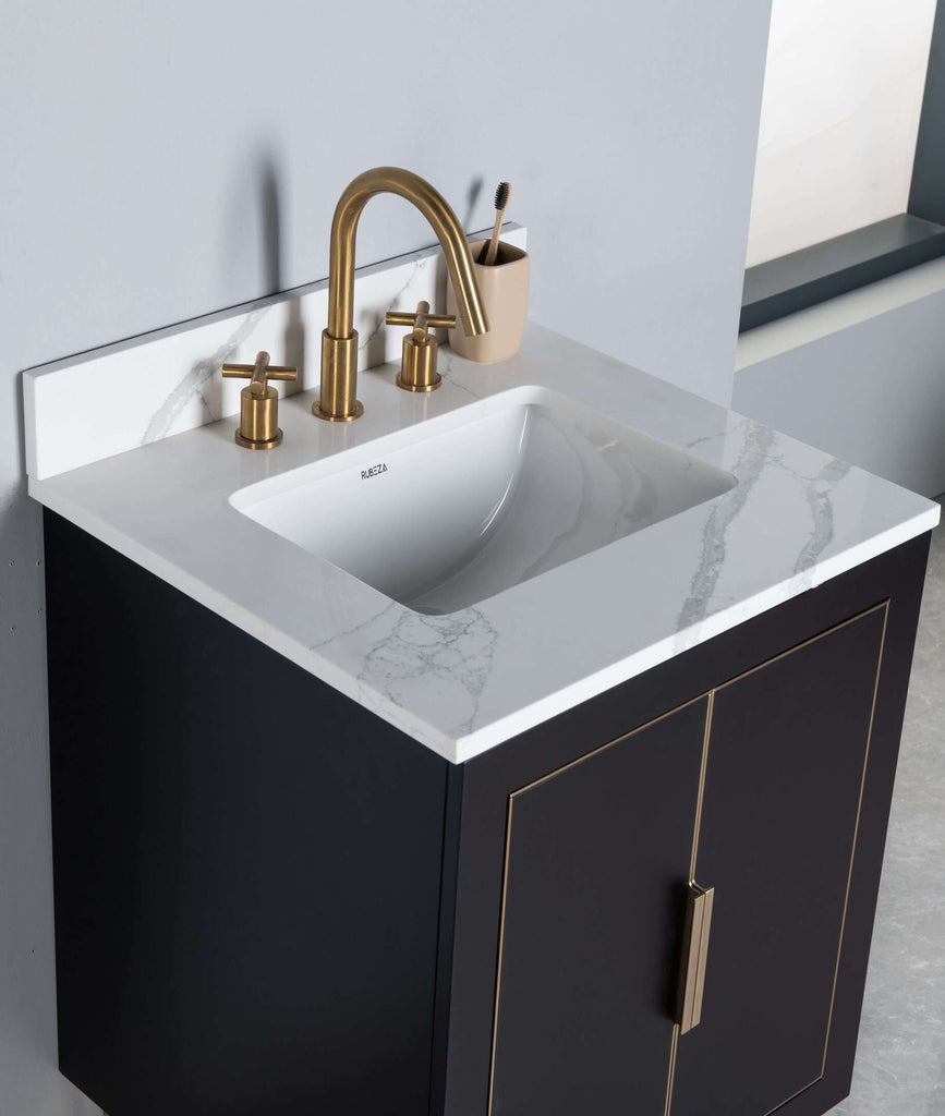 Rubeza 600mm Dukes Vanity Unit with Calacatta Quartz Top - Black & Gold