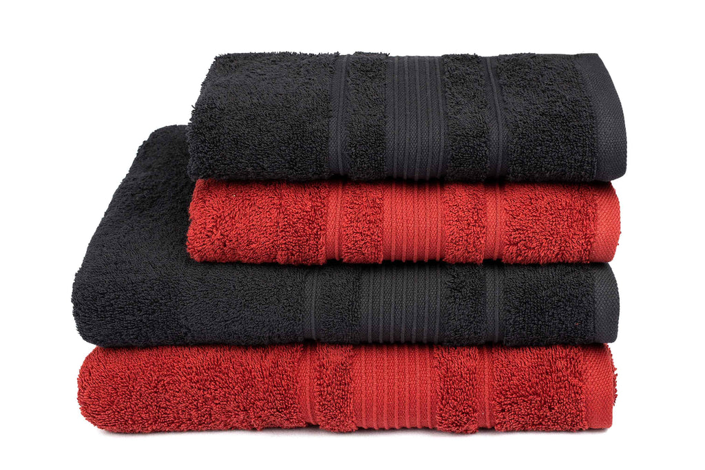 Mistley Collection 2 Bath Towels & 2 Head Scarves - Black & Claret Red