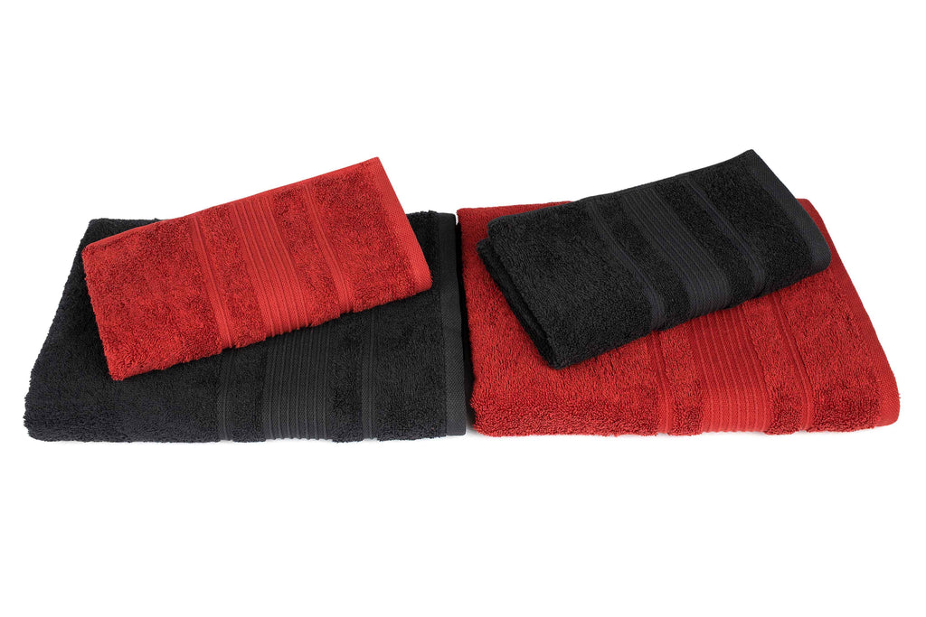 Mistley Collection 2 Bath Towels & 2 Head Scarves - Black & Claret Red