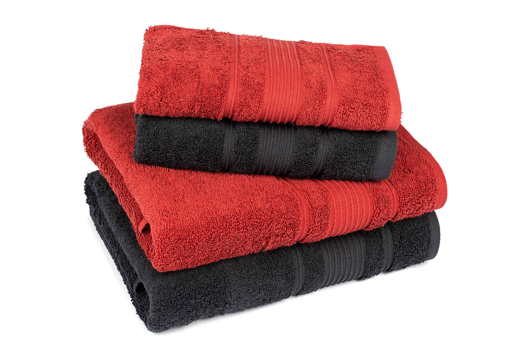 Mistley Collection 2 Bath Towels & 2 Head Scarves - Black & Claret Red