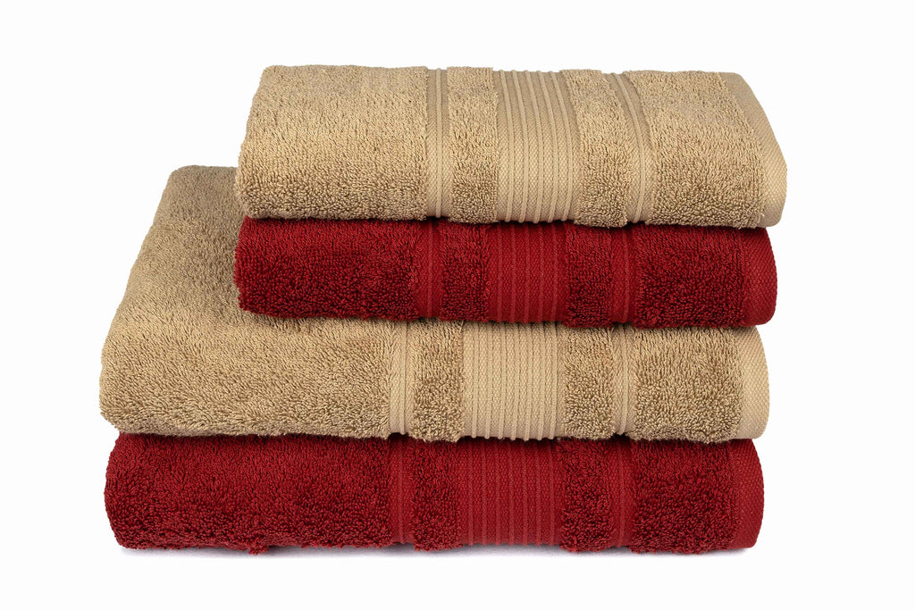 Mistley Collection 2 Bath Towels & 2 Head Scarves - Tan & Claret Red