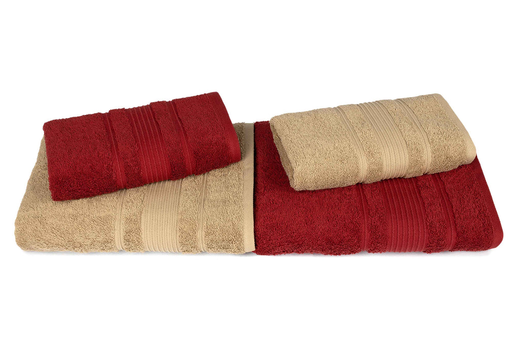Mistley Collection 2 Bath Towels & 2 Head Scarves - Tan & Claret Red