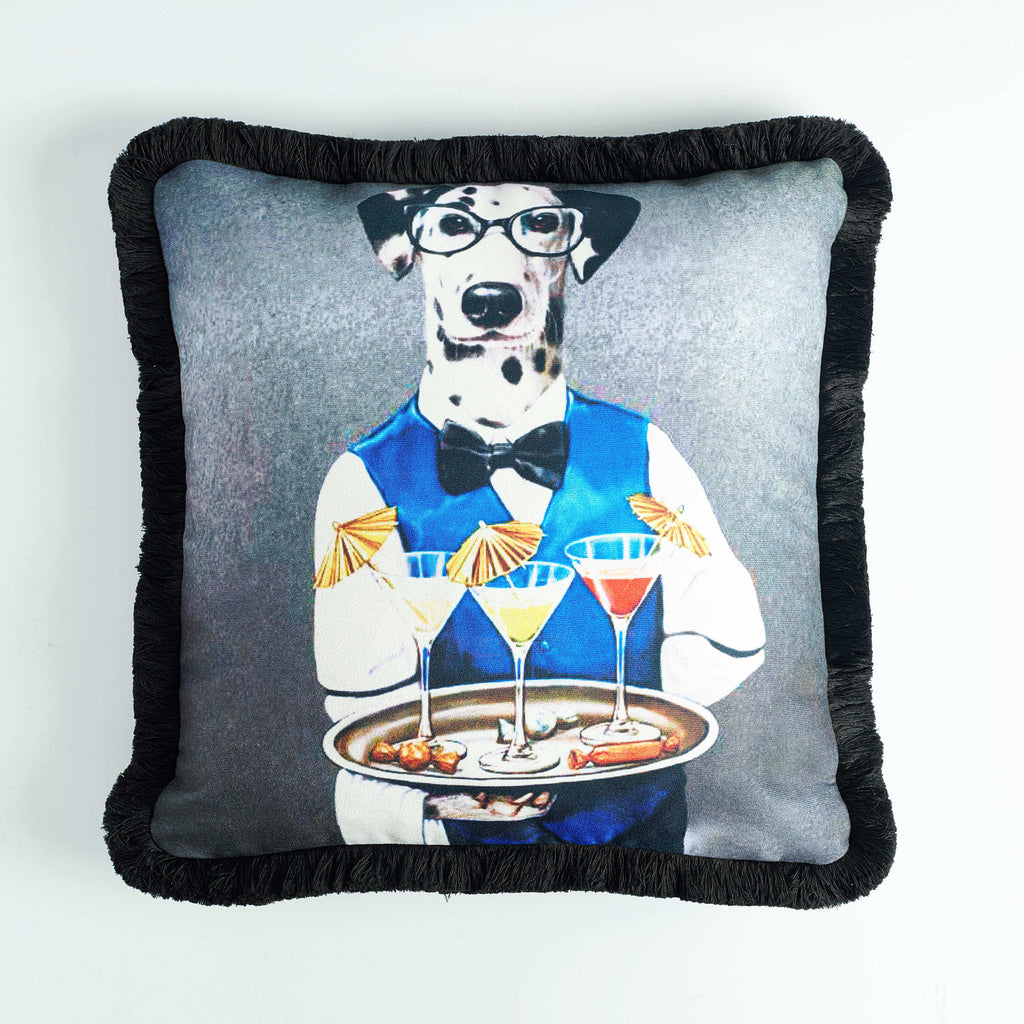 Rubeza Velvet Printed Cushion 45cm x 45cm - Waiter Dog