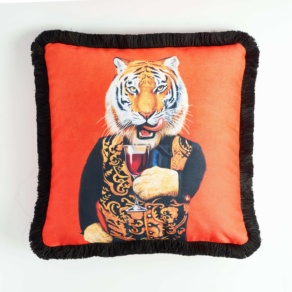 Rubeza Velvet Printed Cushion 45cm x 45cm - Red Tiger