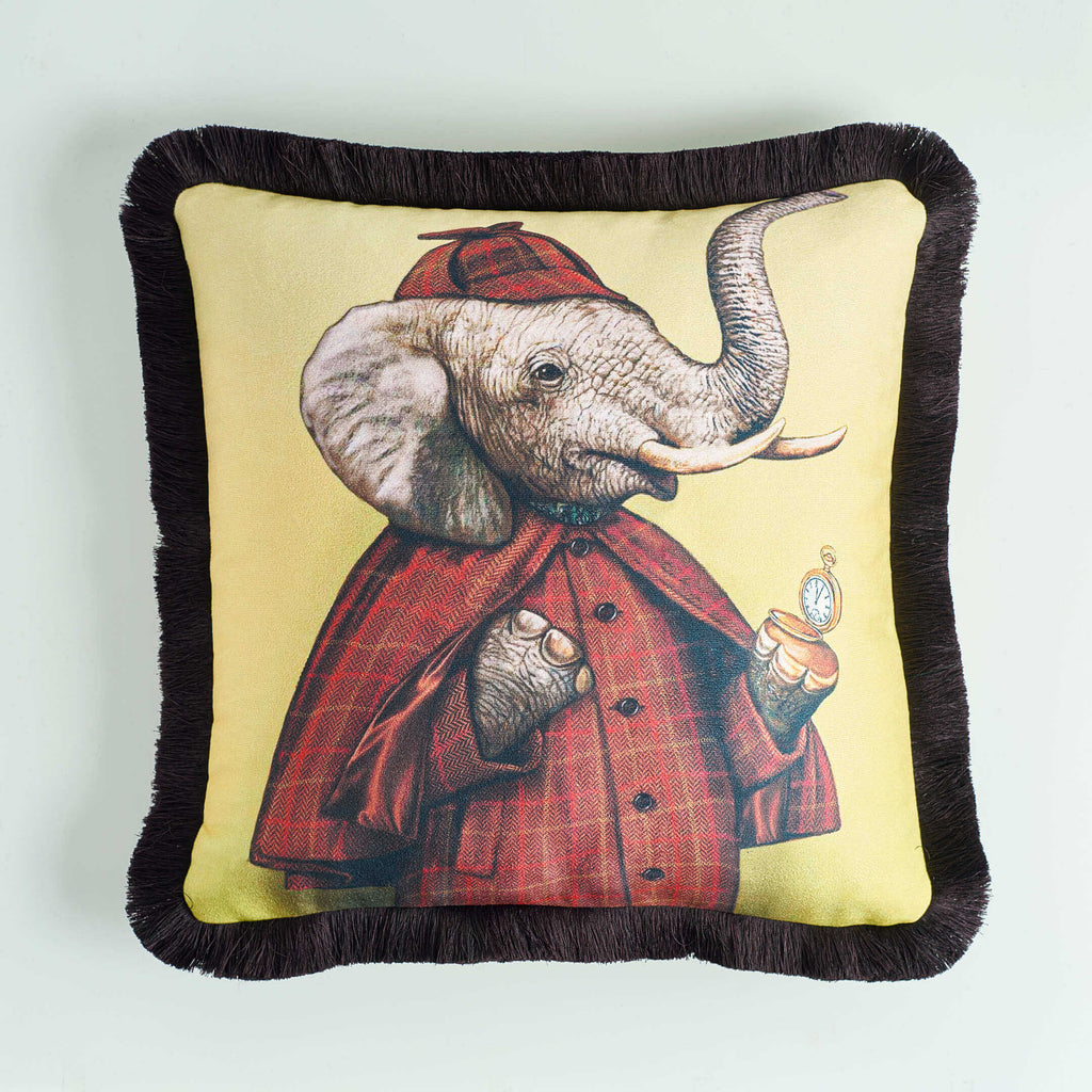 Rubeza Velvet Printed Cushion 45cm x 45cm - Detective Elephant