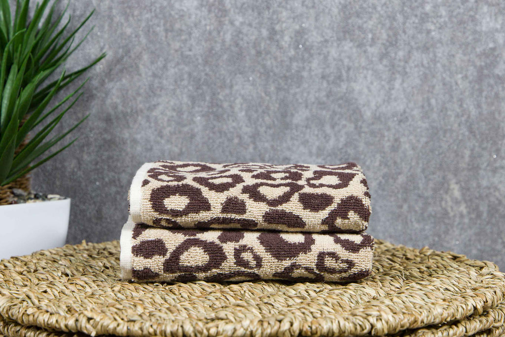 Tyne Collection of Cotton Guest Towel Set of 2 - Brown & Leopard