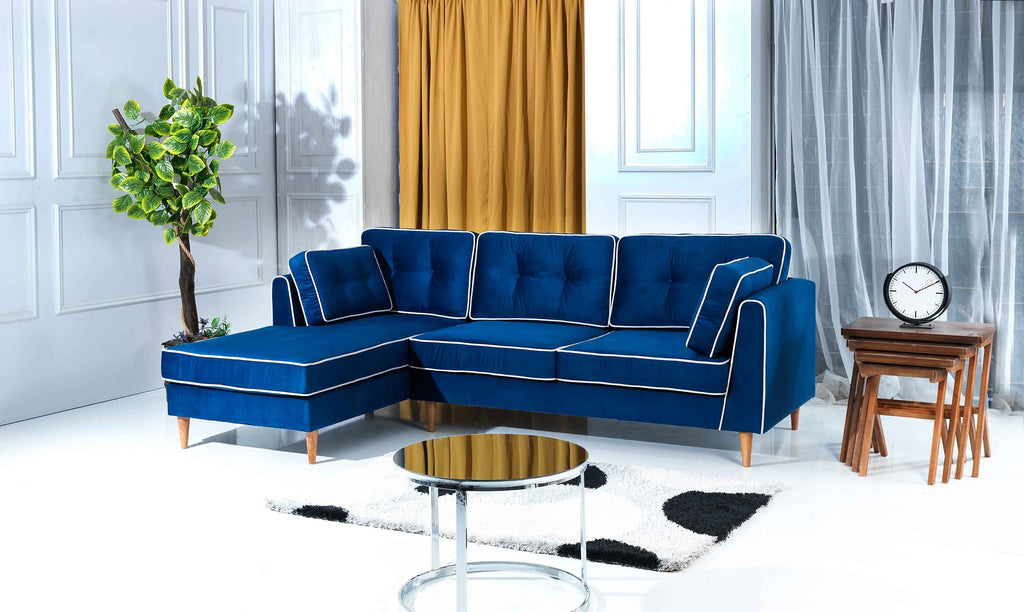 Rubeza Leo 4 Seater Left Hand Facing Chaise End Corner Sofa - Indigo Blue & White