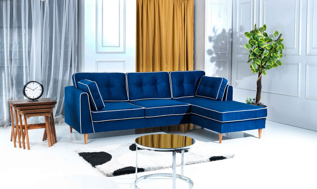 Rubeza Leo 4 Seater Right Hand Facing Chaise End Corner Sofa - Indigo Blue & White