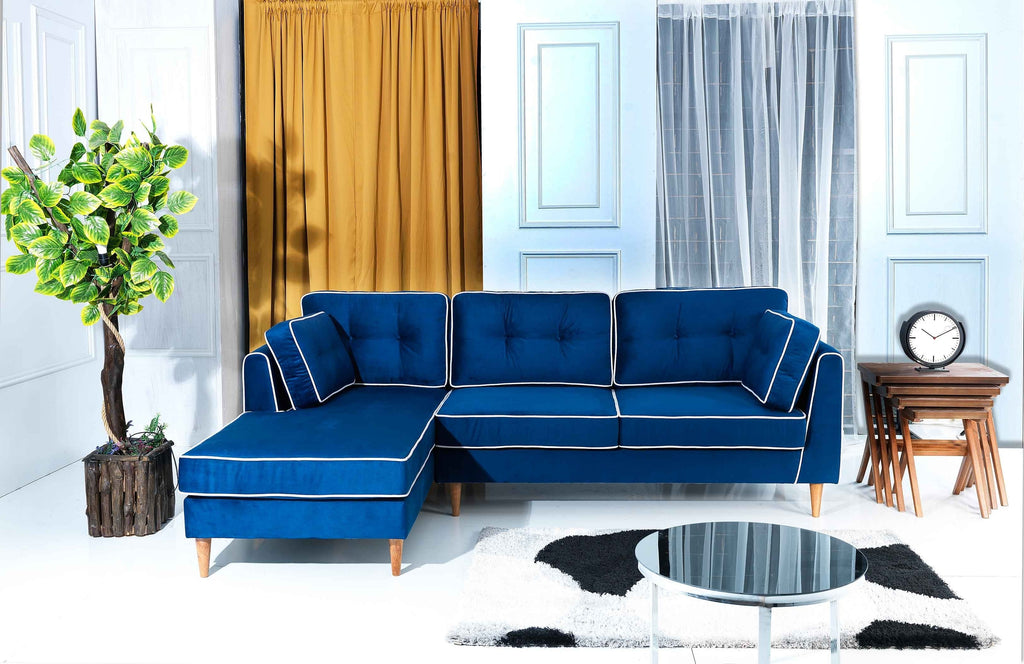 Rubeza Leo 4 Seater Left Hand Facing Chaise End Corner Sofa - Indigo Blue & White