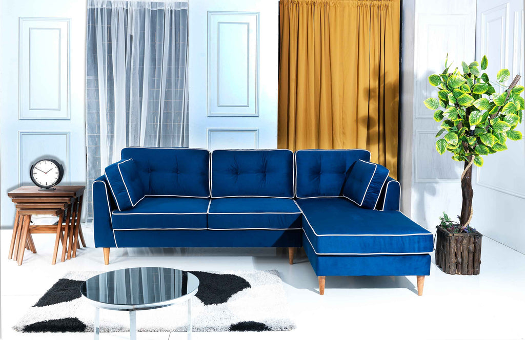 Rubeza Leo 4 Seater Right Hand Facing Chaise End Corner Sofa - Indigo Blue & White