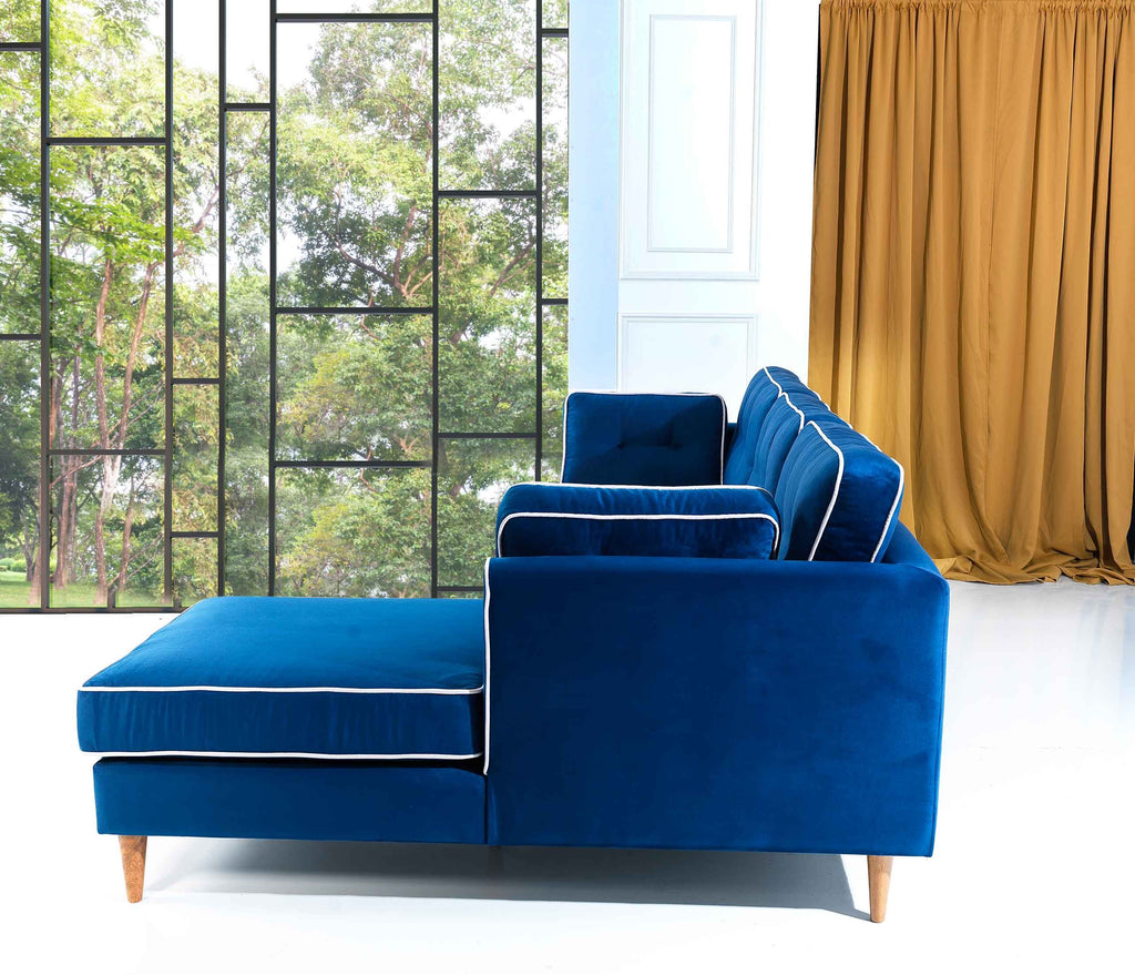 Rubeza Leo 4 Seater Right Hand Facing Chaise End Corner Sofa - Indigo Blue & White