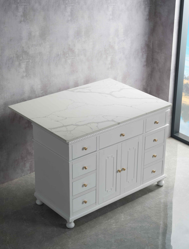 Rubeza Didim 1200mm Kitchen Island with Calacatta Quartz Top - White & Gold