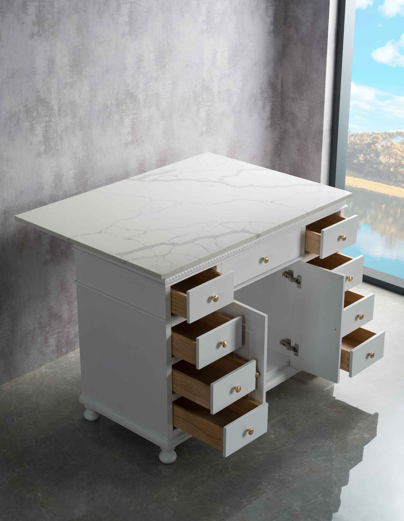 Rubeza Didim 1200mm Kitchen Island with Calacatta Quartz Top - White & Gold