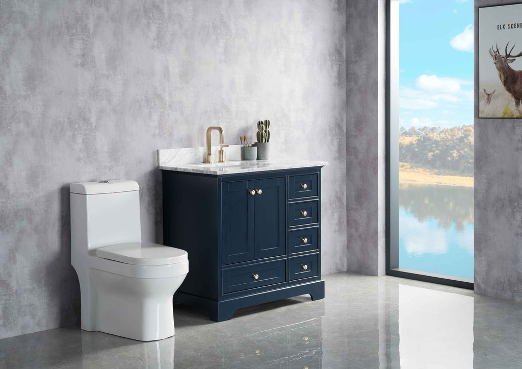 Rubeza 900mm Charleston Vanity Unit with Carrara Marble Top - Dark Blue & Gold