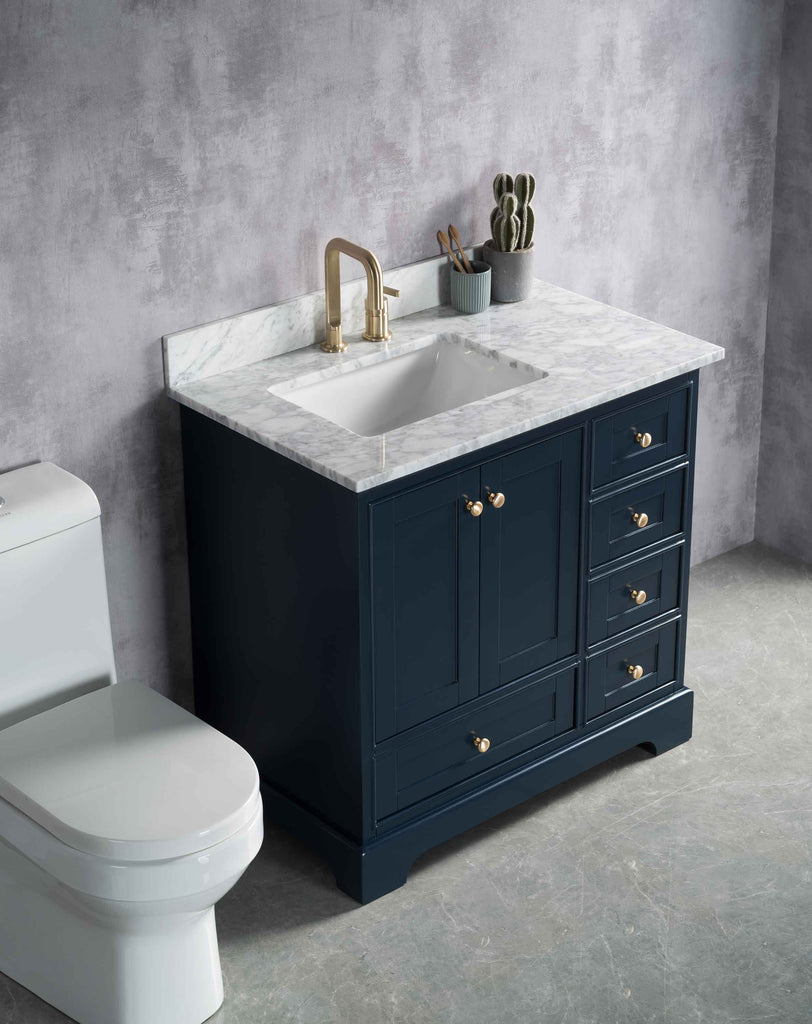 Rubeza 900mm Charleston Vanity Unit with Carrara Marble Top - Dark Blue & Gold